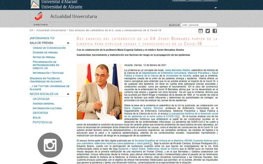 Dos assajos del catedràtic de la UA Josep Bernabeu parteixen de la sindèmia per a explicar causes i conseqüències de la Covid-19